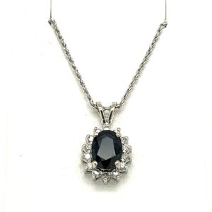 14k White Gold Oval Sapphire Pendant with Rope Chain #3624
