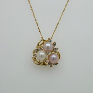 14k Yellow Gold 3-stone Pearl Pendant Necklace #2899