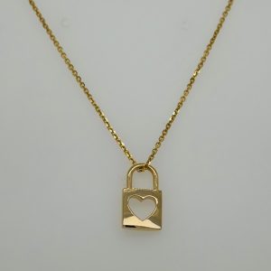 14k Yellow Gold Heart Lock Pendant with Cable Chain #3876